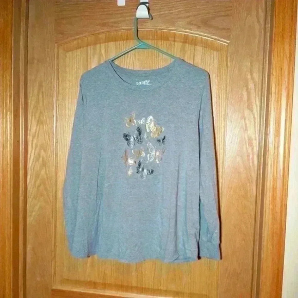 Terra & Sky gray long sleeve T-shirt with butterflies. Size 1X - Picture 1 of 6